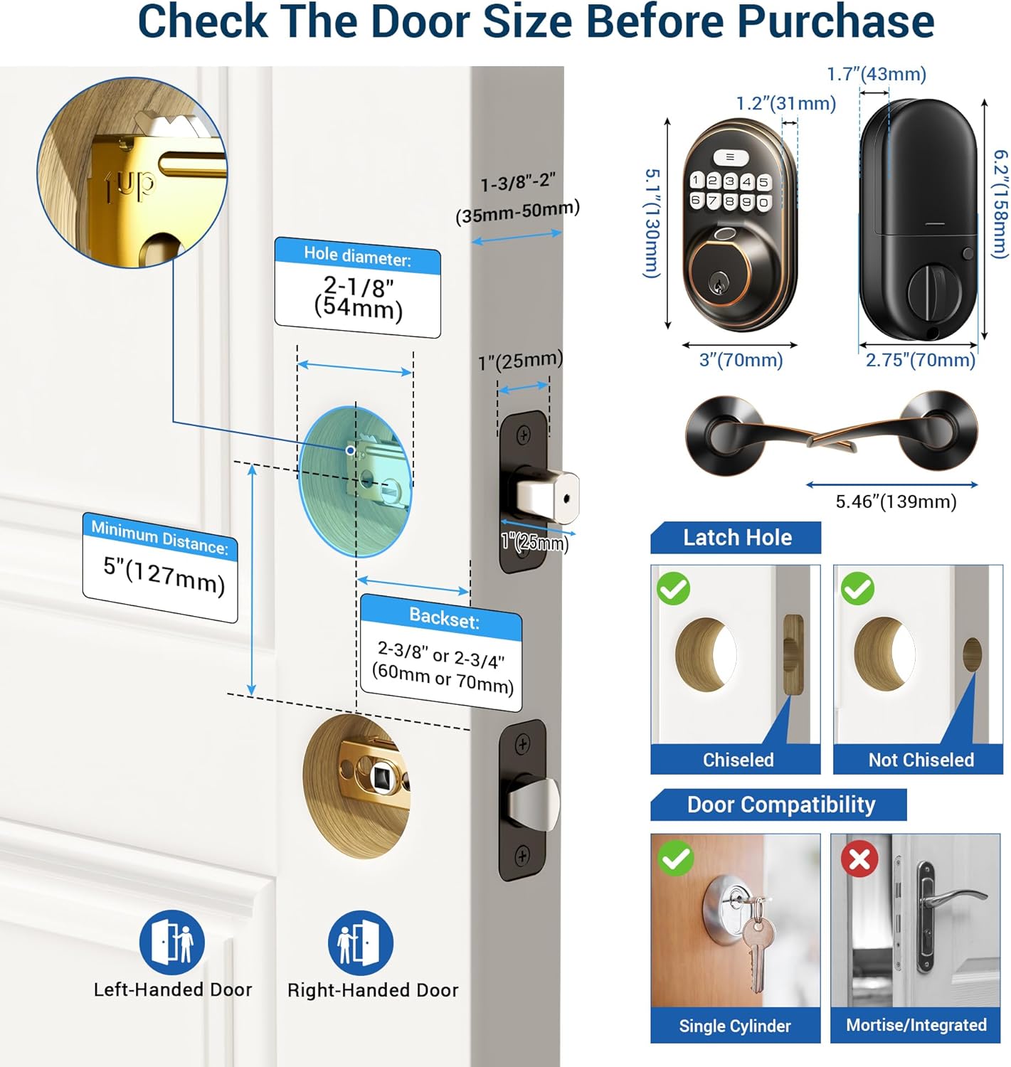 Veise Fingerprint Door Lock with 2 Lever Handles - Keyless Entry Door Lock, Keypad Door Lock with Handle, Electronic Deadbolt F