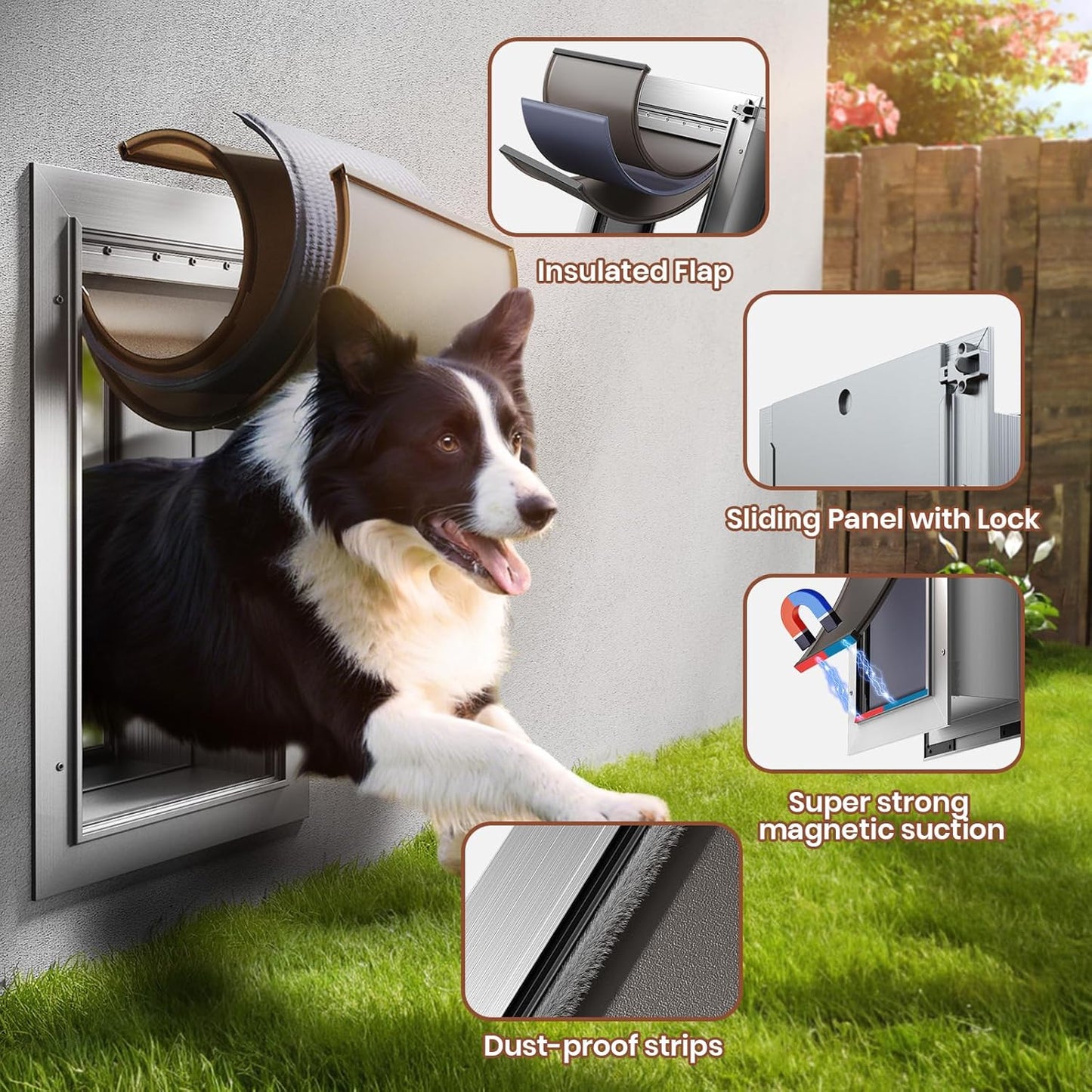 3-Flap Dog Door, All Aluminum Alloy Large Doggy Door Doggie Door for Wall, Heavy Duty Pet Door Easy to Install, Energy Efficient, Telescoping Tunnel