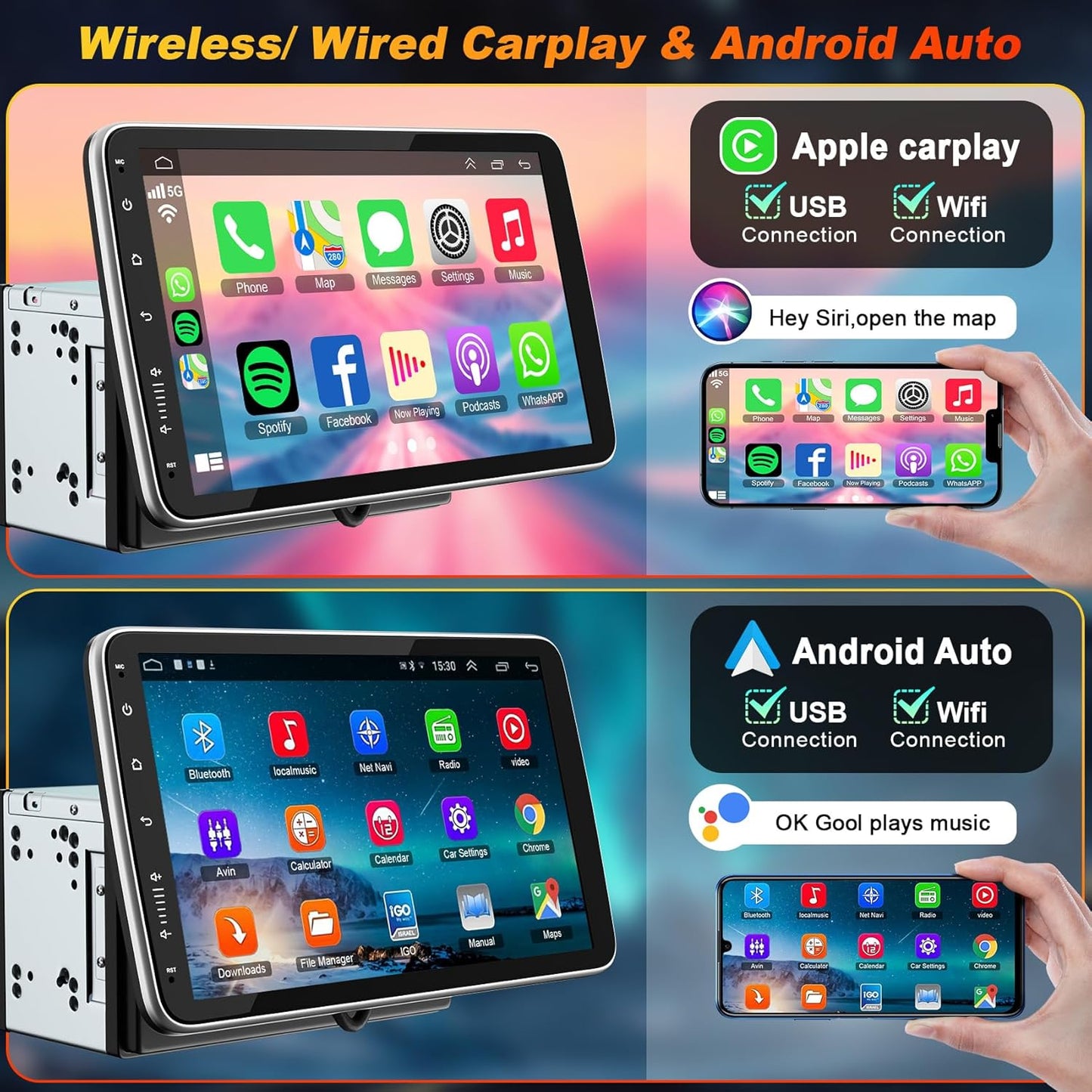4+64GB Android 15 Double Din Car Stereo, Wired & Wireless Carplay & Android Auto Radio with 10.1 Inch IPS Rotatable Screen, Built-in DSP, Bluetooth 5.2, SWC, GPS Navigation, Backup Camera
