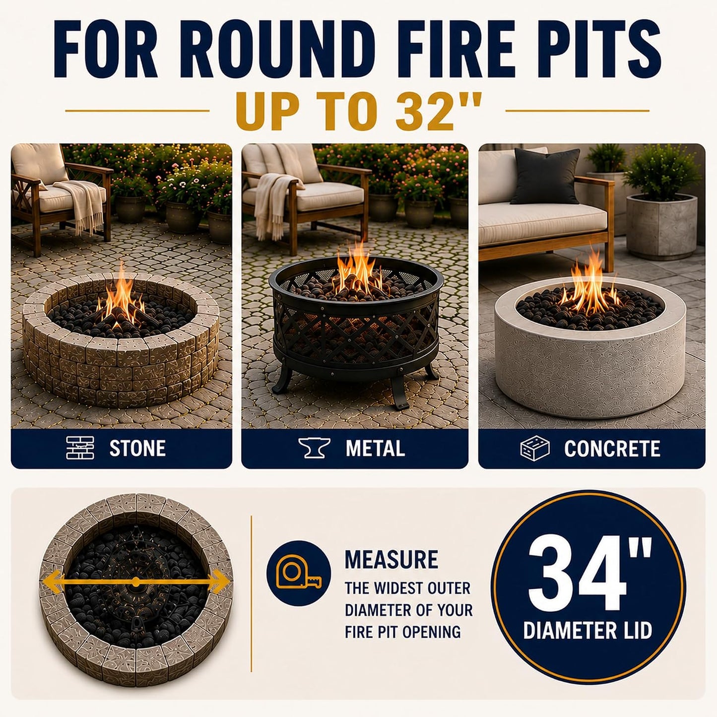 34 in Round Fire Pit Lid, 1.5 mm Steel Cover with Wooden Handle | Metal fire pit cover for outdoor patios and backyards, 34 in round lid with 1.5 mm steel construction and wooden handle
