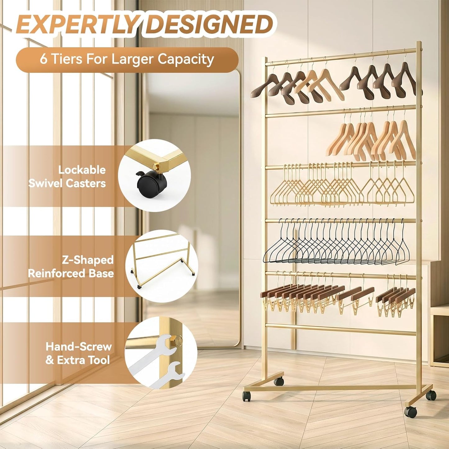 6 Tier Z-Truck Clothing Hanger Storage System, Efficiently Organize Standard Hangers, Skirt and Pant Hangers; Mobile Rack for malls, boutiques, Laundry Rooms; Gold, 61 x 30 x 15 in. Yellow