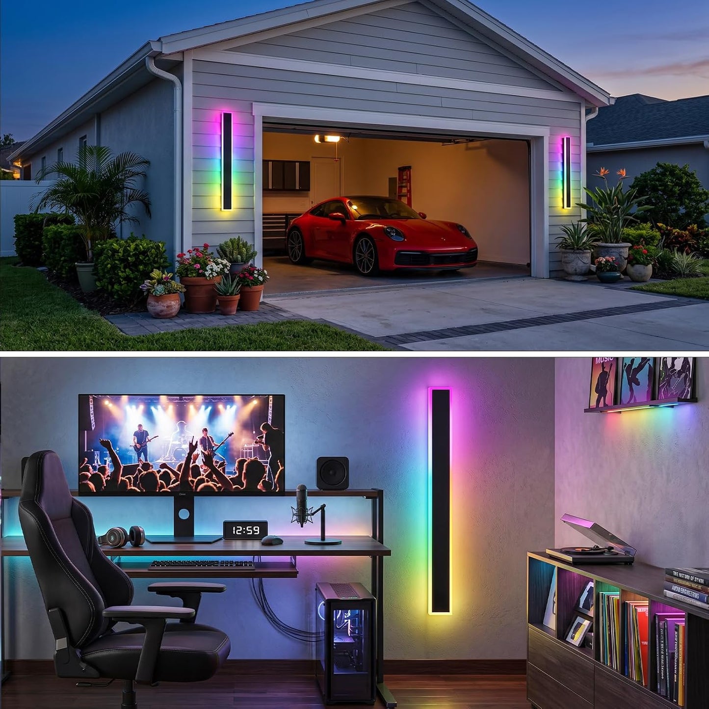 2 Pack 23.6in Modern RGB Outdoor Wall Lights, RGB/Warm/White & Dimmable, IP65 Waterproof, LED Exterior Lighting Fixtures, Linear Outdoor Wall Sconce with Remote and APP Control for Garage, Porch 23.6 in