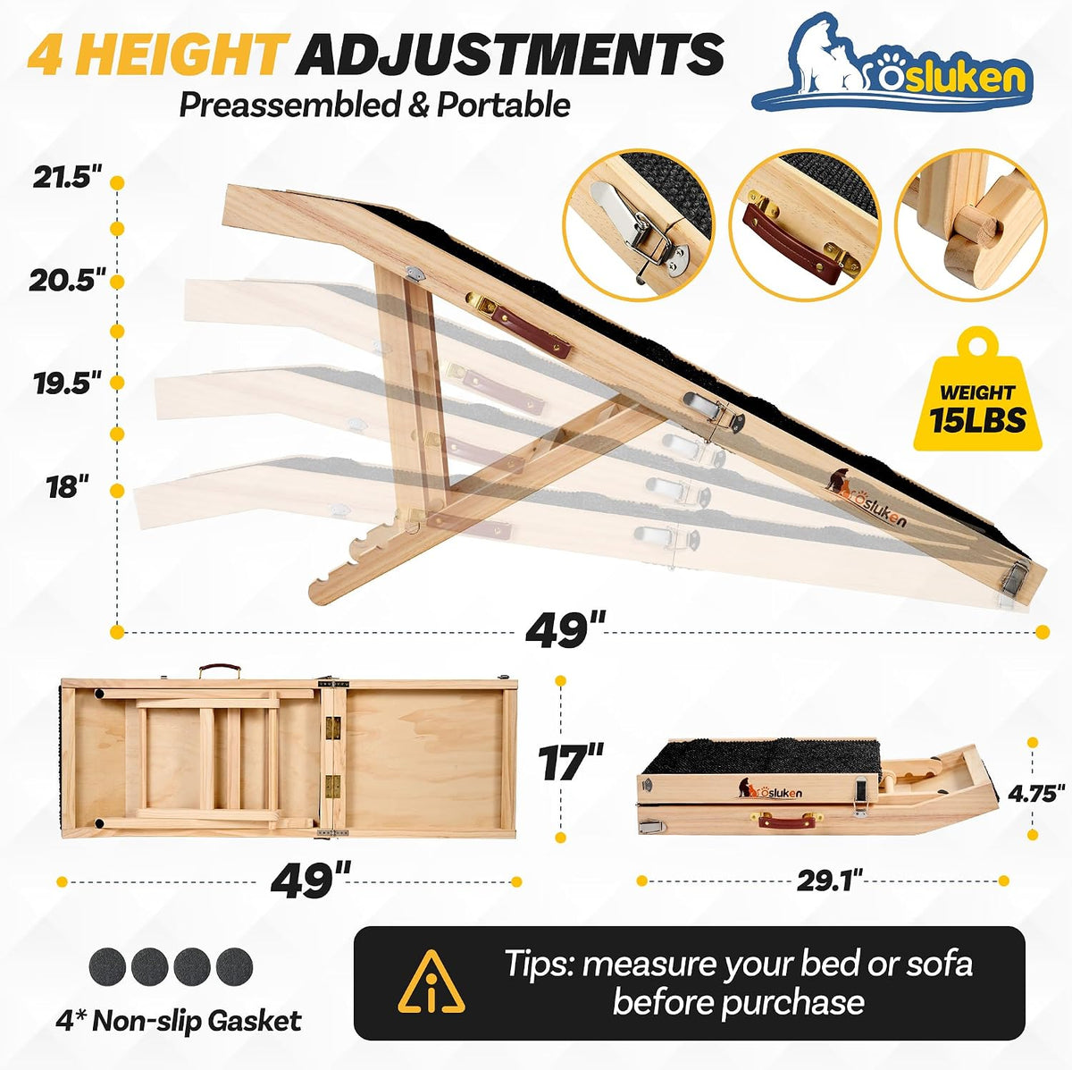 49" Long Dog Ramp for Couch & Low Height Bed, Foldable Pet Ramp for Small Large Dogs, High Traction with Platform Adjustable Heights 18" to 21.5" Up to 220LBS