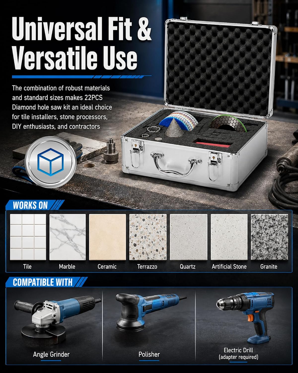 22 PCS Diamond Hole Saw Kit, Diamond Bits, 4.5" Blades, Polishing Pads