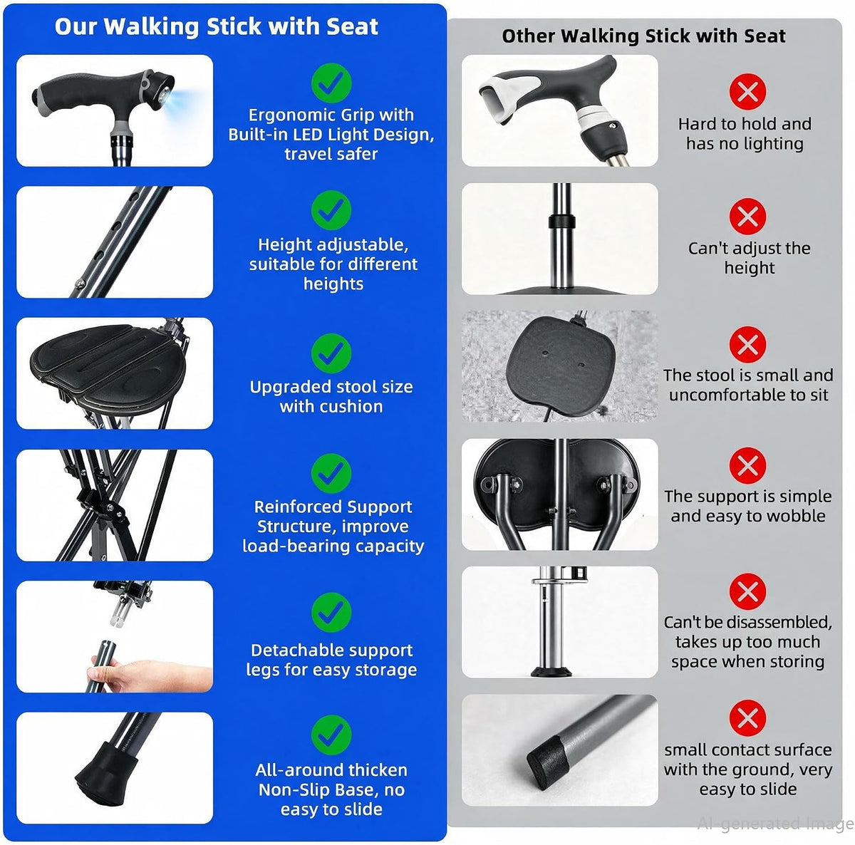 EziMedPil 2-in-1 Adjustable Cane Seat for Seniors with LED Light