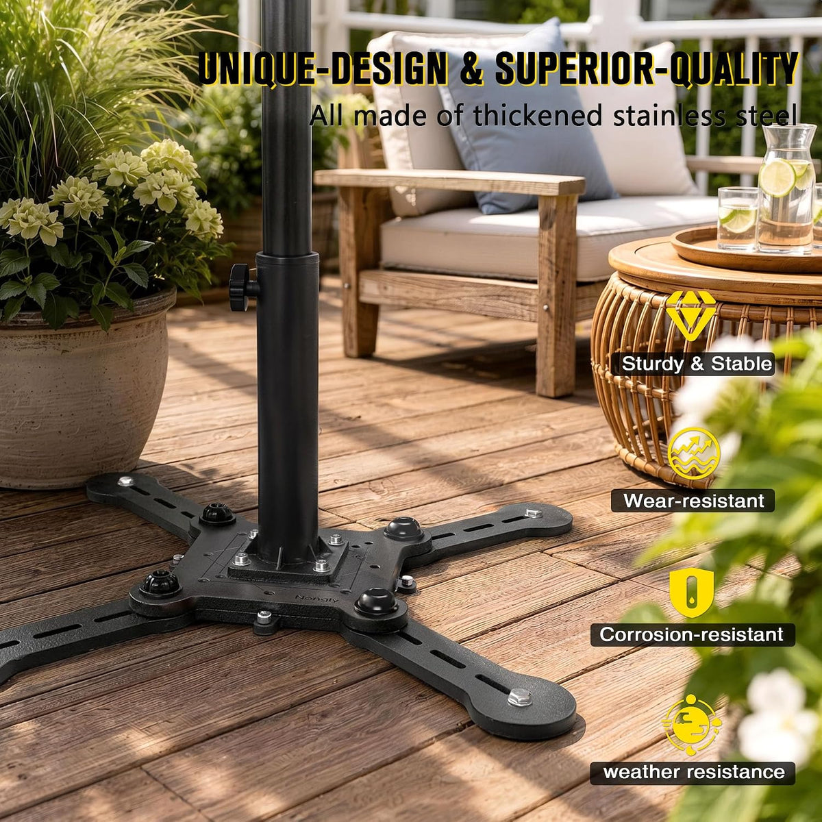 Cantilever Umbrella Base Adjustable 4-Arm Heavy Duty Stainless Steel Offset Patio Umbrella Mount Bracket with Multi Mount Holes for Deck Balcony Garden Backyard
