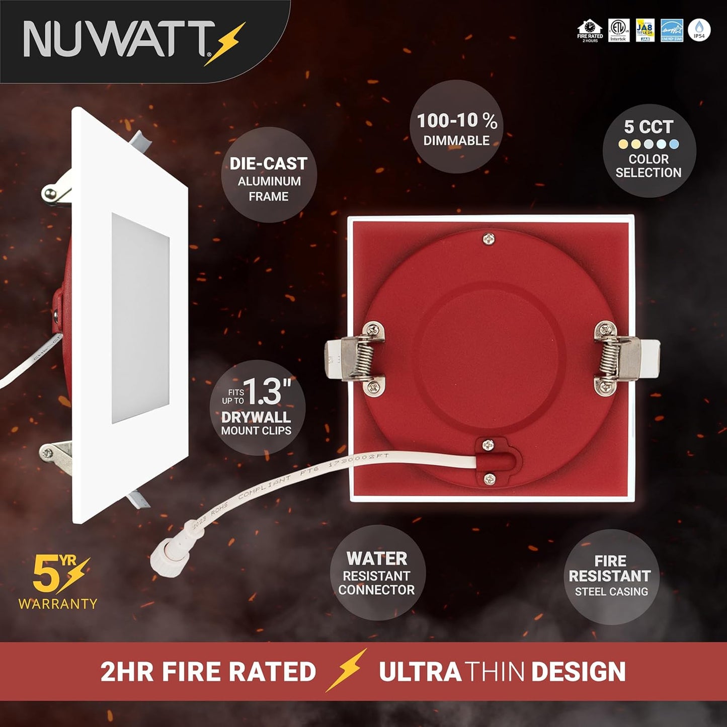 NUWATT 4 Inch 2 Hour FIRE Rated LED Recessed Light, 5CCT 2700K/3000K/3500K/4000K/5000K Selectable, 900 Lumen, Dimmable, IC Rated, Square Ultra-Thin