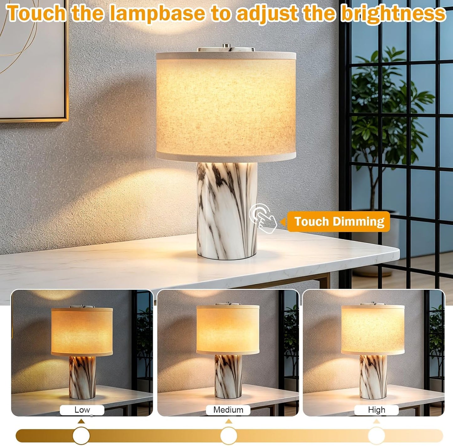 Marble Touch Lamp with Faux Marble Finish, 3-Way Dimmable Bedside Table Lamp for Bedroom, Nightstand & Living Room, Office, LED Bulb Included