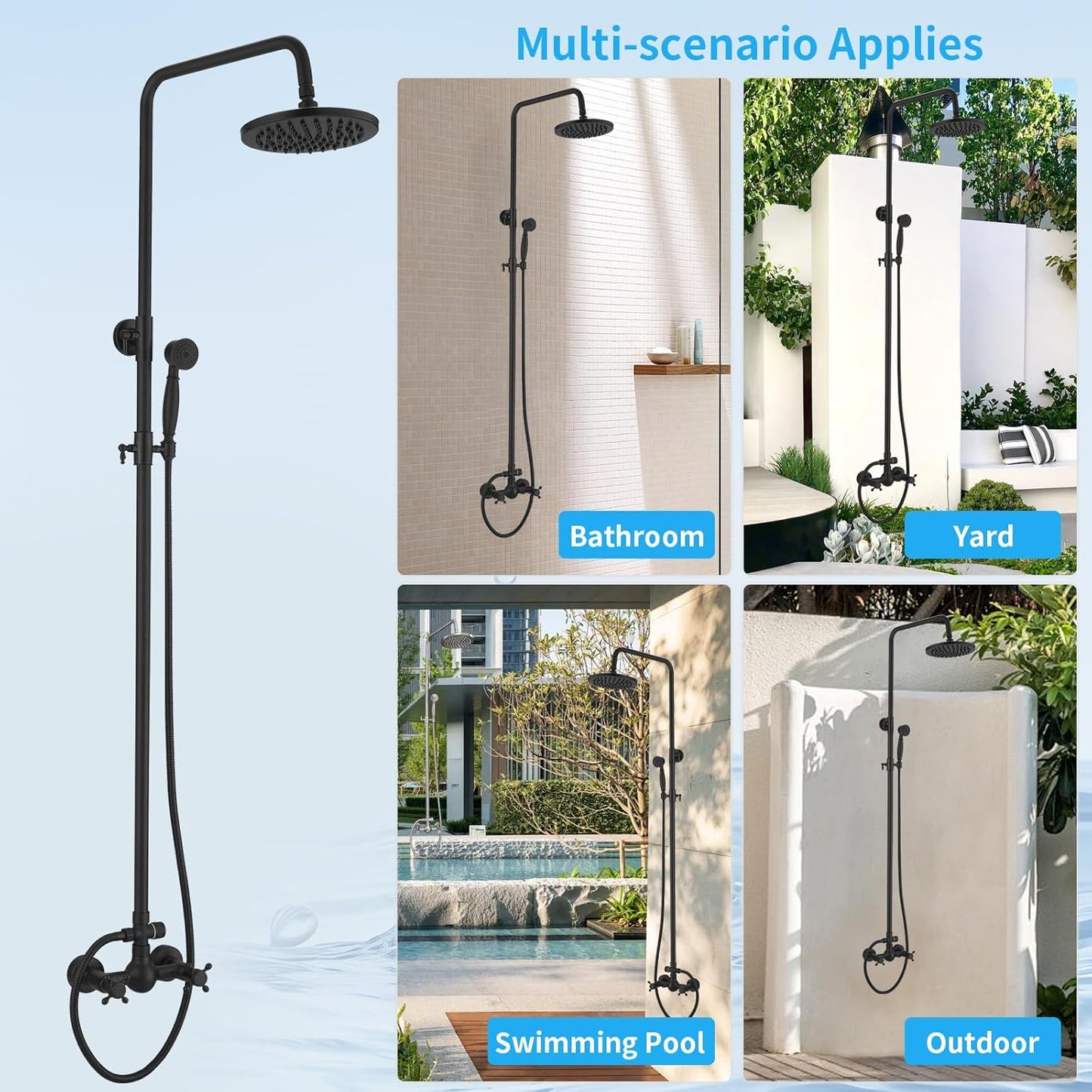 Bathfinesse Outdoor Shower Faucet, Bathroom Shower Fixture System Combo Set, High Pressure Rain Shower Head with Hand