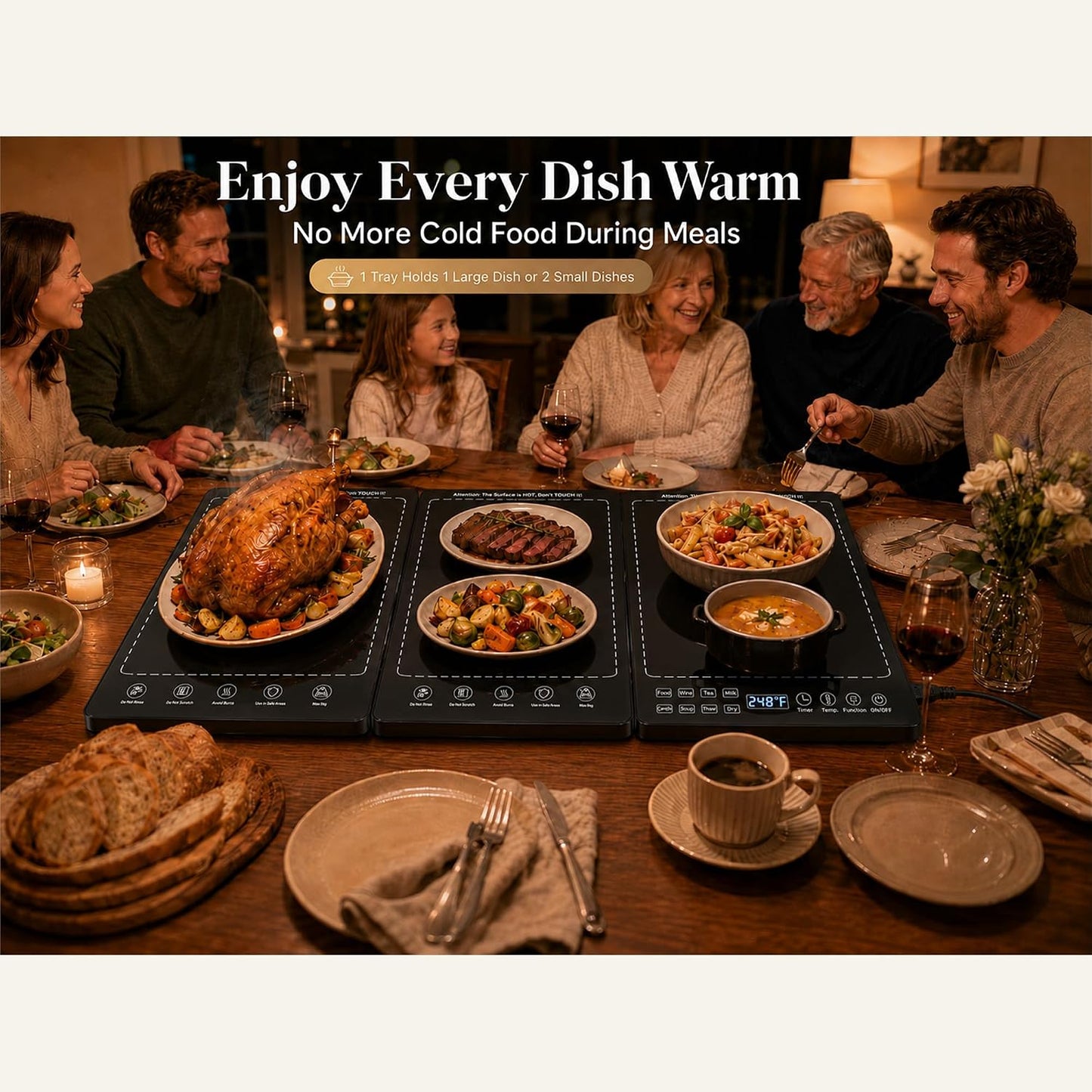 Modular Warming Tray 3-in-1, 25" x 15" Electric Food Warmer for Parties, Tempered Glass Food Warming Mat with 86-248°F Temp, 1-24H Timer for Buffets & Family Dinners
