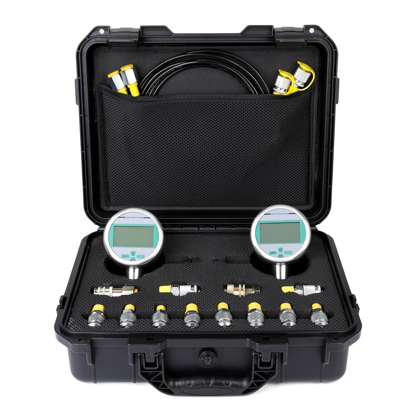 80M Digital Hydraulic Pressure Test Kit, Max 11603PSI/80Mpa 2 Digital Pressure Gauges, 10 Test Couplings, 2 Quick Connectors, 2 Long Test