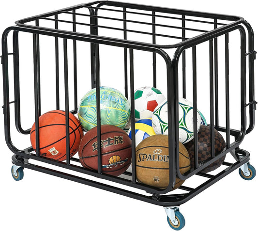 Houseables Ball Storage Cart, Ball Cart with Wheels, Black Metal Ball Organizer Cage, Ball Holder, Up to 20 Basketball Capacity Without Cover