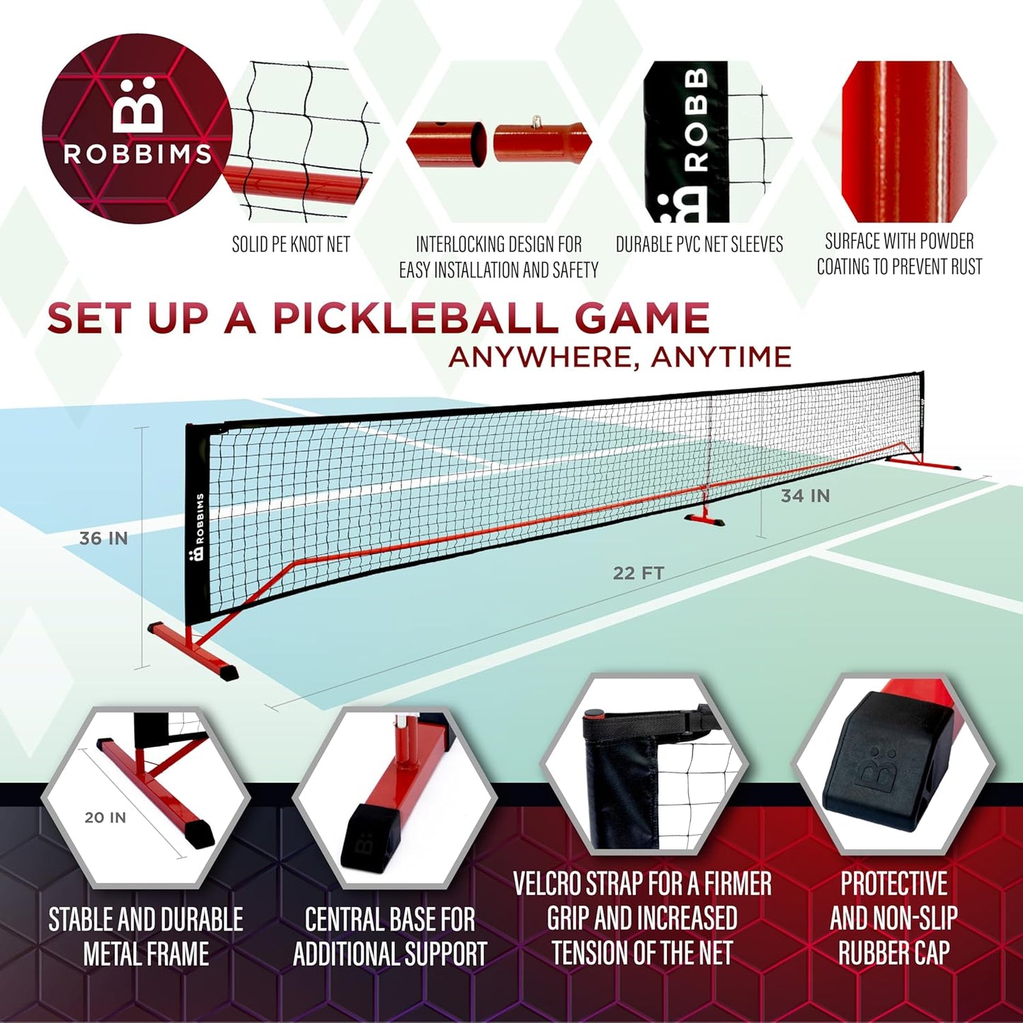 ROBBIMS Portable Pickleball Set with Net | 4 USAPA Approved Carbon Fiber Paddles, Duffle Bag, Regulation Size Pickleball Net System, Assembly Manual,