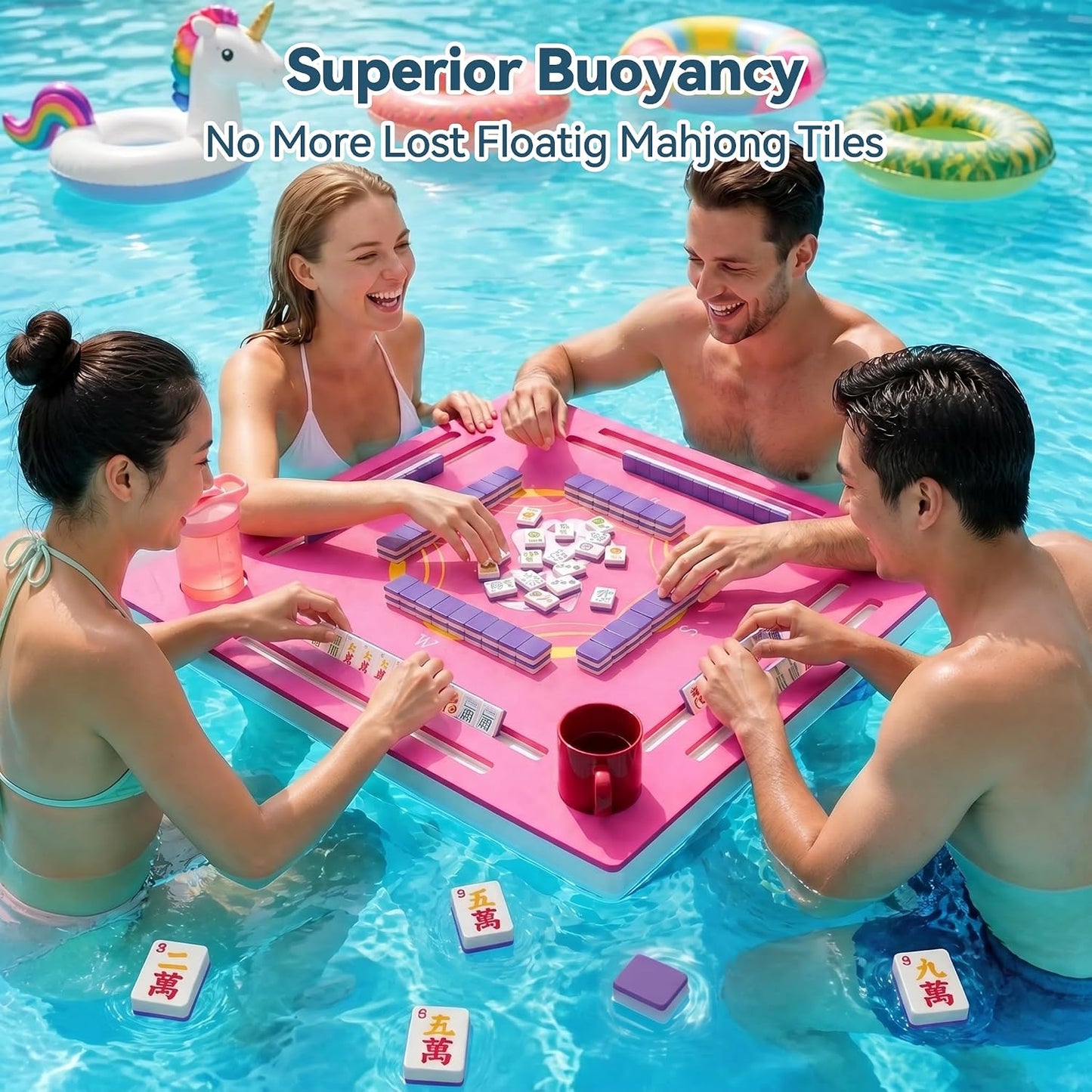 Portable Floating Mahjong Tiles Set, Waterproof Mahjong Set for Water Games, Beach,Indoors, Gift Box Includes Storage Bag & Dice, 1.4 In Floating Mahjong for Pool Parties and Family Gatherings Purple