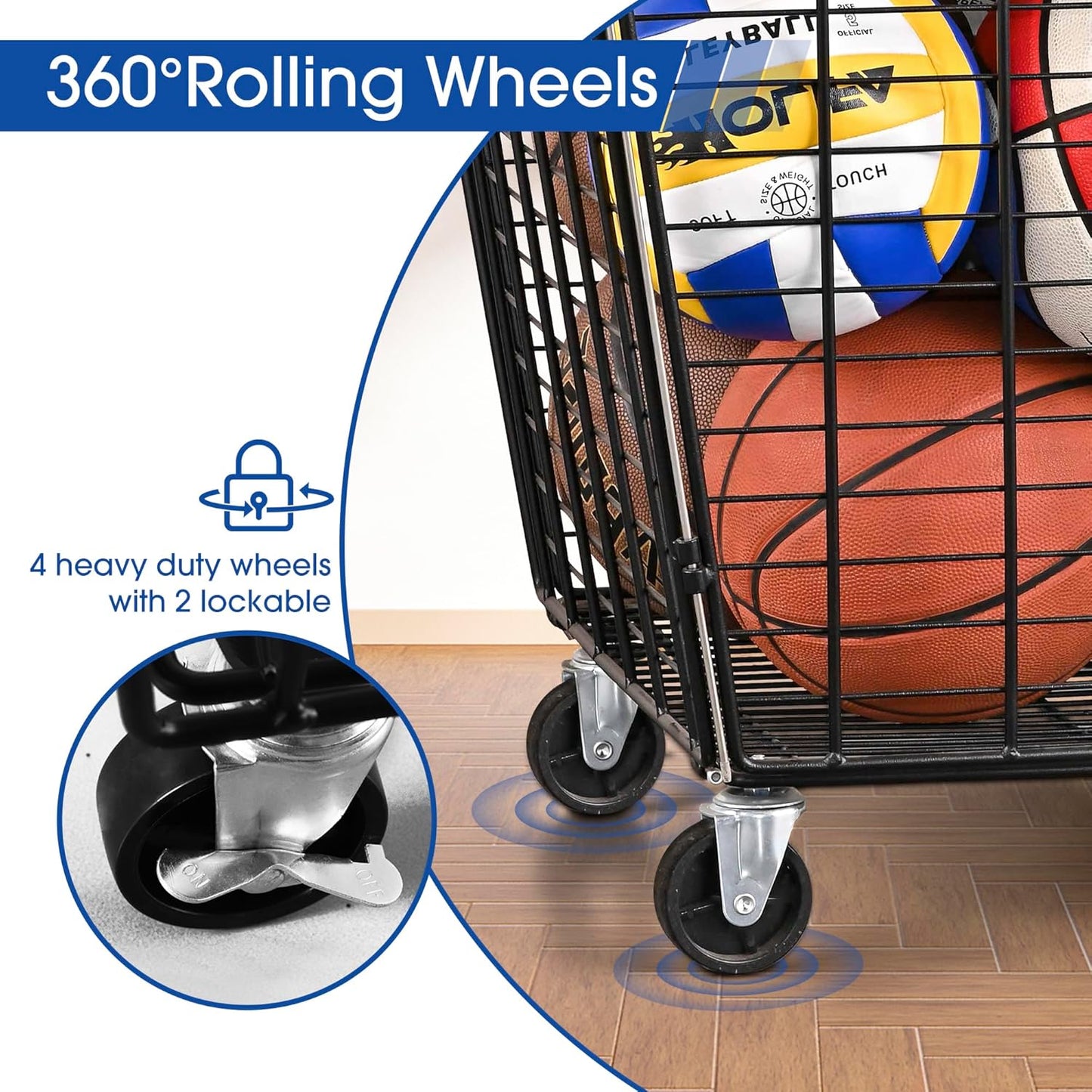 Mythinglogic Rolling Sports Ball Storage Cart, Sports Lockable Ball Storage Locker with Elastic Straps, Stackable Ball Cage for Garage Storage Garage