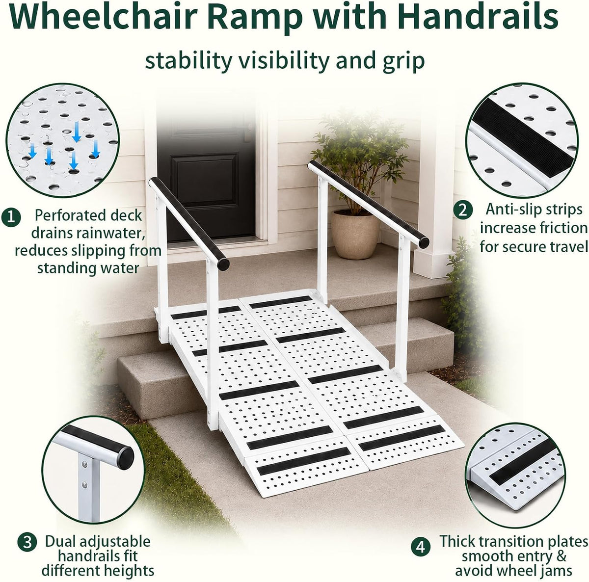 45 Inch Wheelchair Ramp with Handrails, 5‑12" Rise, Carbon Steel Wheelchair Ramp for Home Steps, 770 LBS Weight Capacity, Anti‑Slip Strips, for Home Steps & Mobility‑Impaired Users