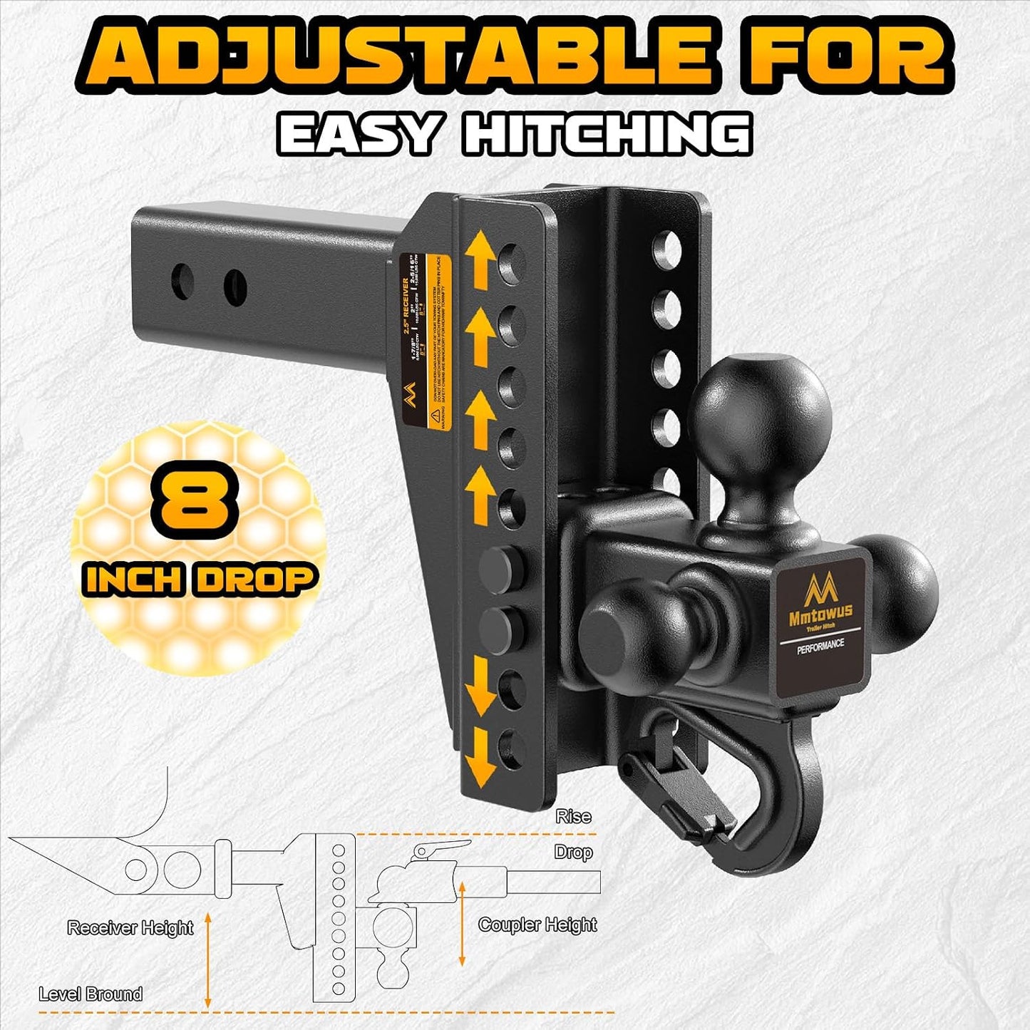 Adjustable Trailer Hitch -Drop Hitch Fit 2.5" Receiver-8" Drop/Rise