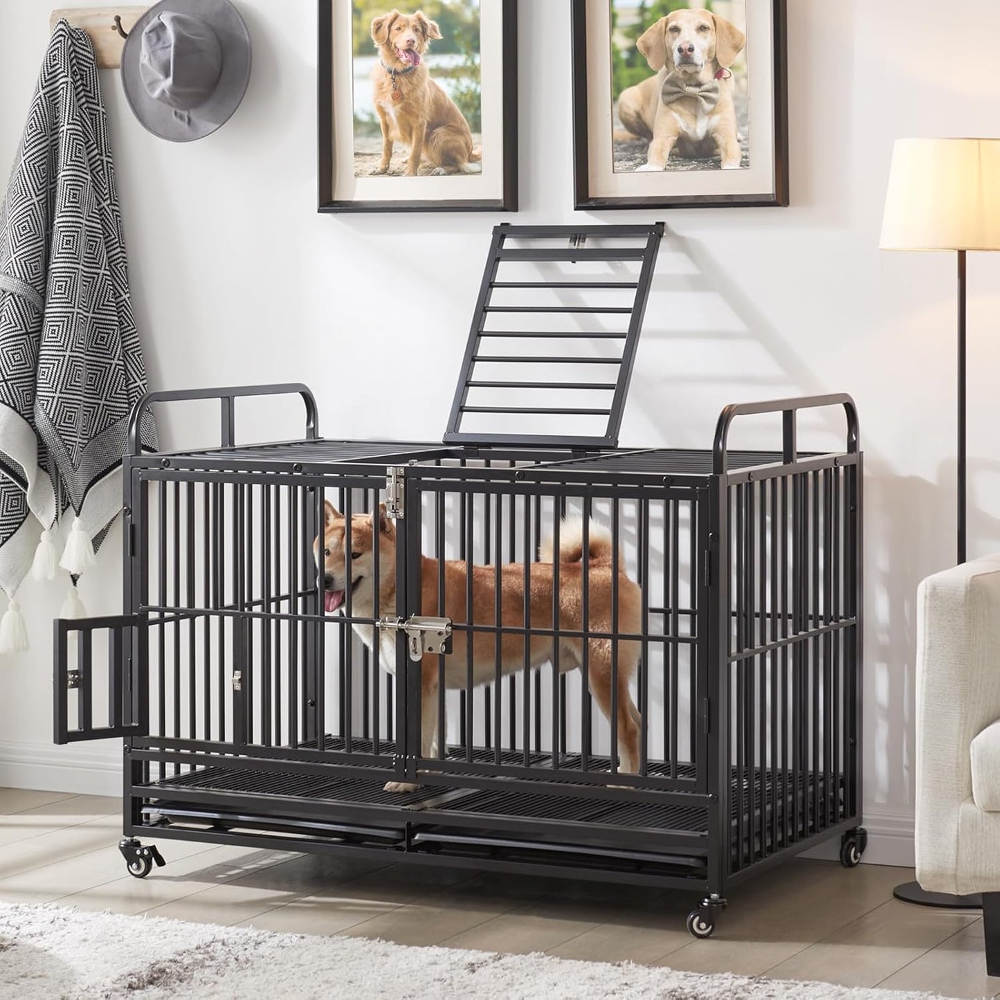 Lauren&Harold 48 Inch Heavy Duty Dog Crate Furniture for Large Medium Dogs, Indestructible Dog Kennel Indoor with Wheels&Removable Tray, Escape-Proof