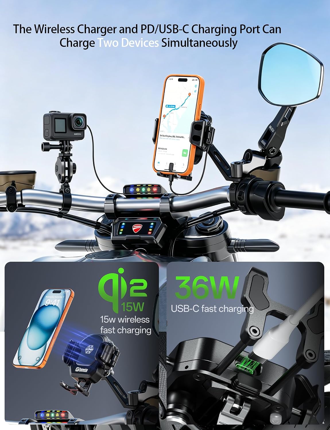 Kewig All Metal Motorcycle Cooling Phone Mount with Wireless & PD Charger | Qi2 15W & USB-C 36W, with Vibration Dampener, 1S Locking Motorcycle Rear-View Mirror Cellphone Holder for 5.4-7.2" Smartphone