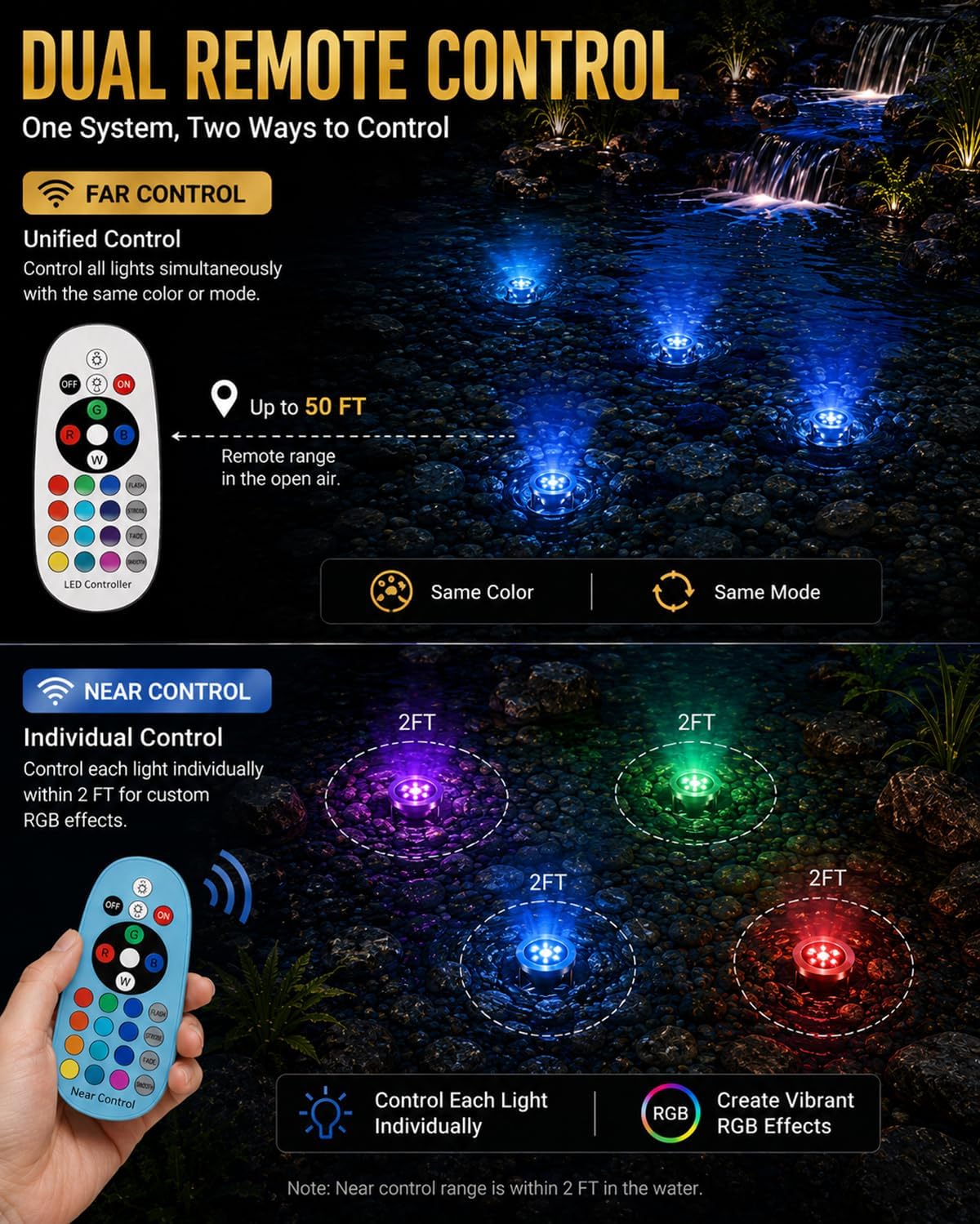 LED Pond Lights with Dual Remote Control, 6W SS316 Black RGB Underwater Fountain Light, IP68 Waterproof Submersible LED Lights for Pond Waterfall, Koi Fish Pond (2 Pack)