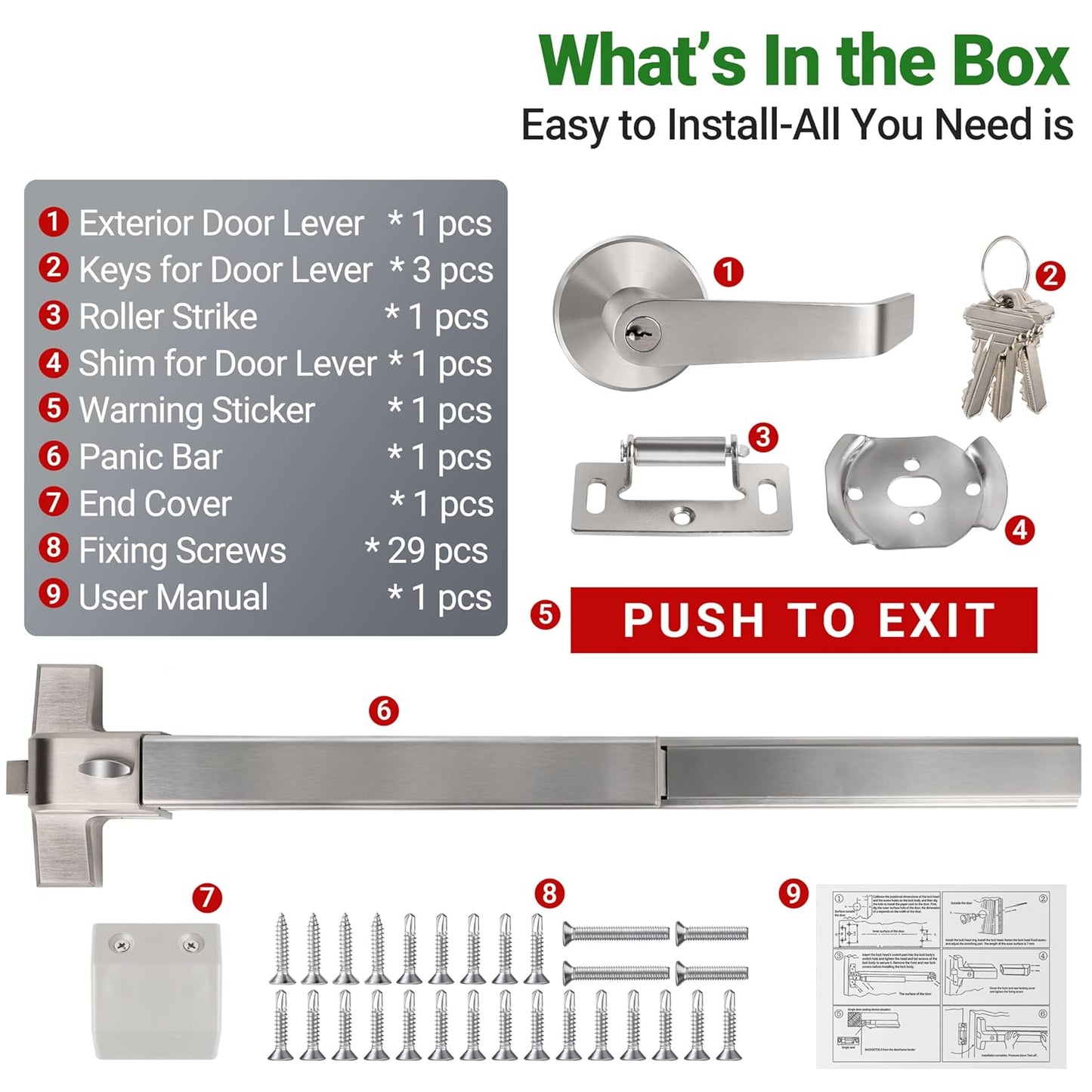 Push Bar Panic Exit Device for Emergency Exit Doors with Door Handle- 304 Stainless Steel Panic Bars for Exit Doors, 38" Commercial Push Bar Panic Exit Device for 39”-53” Wood/Metal Door (Silver)