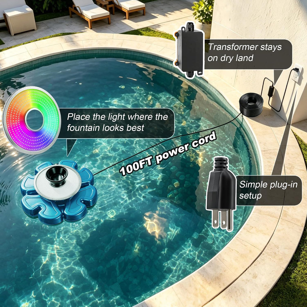 RELIY Pond Fountain Aerator 50W RGBW Fountain Light Upgrade Kit for, 10000LM 360-Degree LED Light Ring, 100FT Cord, IP68 Stainless Steel Pond Light for Lakes, Water Gardens