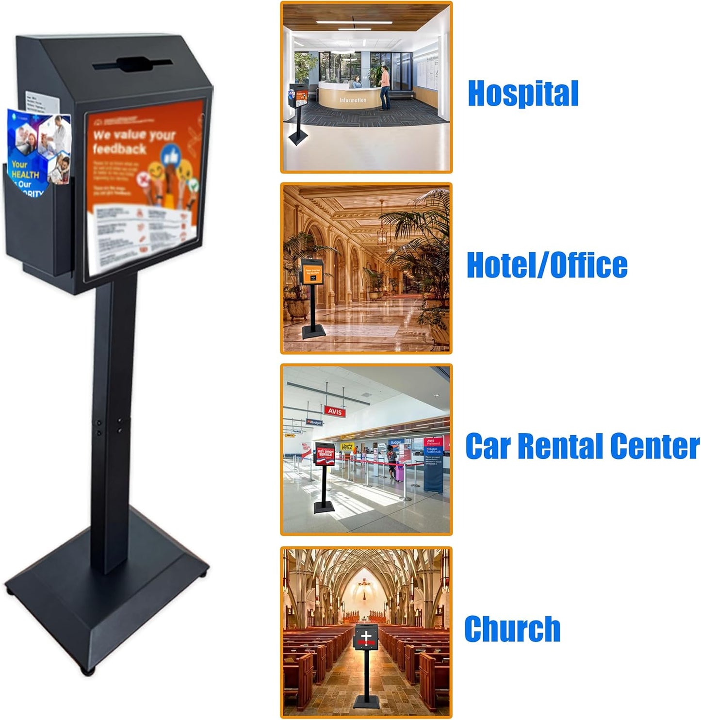 Suggestion Box with Stand, Floor Standing Metal Locking Ballot Collection Safe Box for Voting, Charity, Donation, Church, Election, Hospital Feedback, and Car Rental Key Return, Black