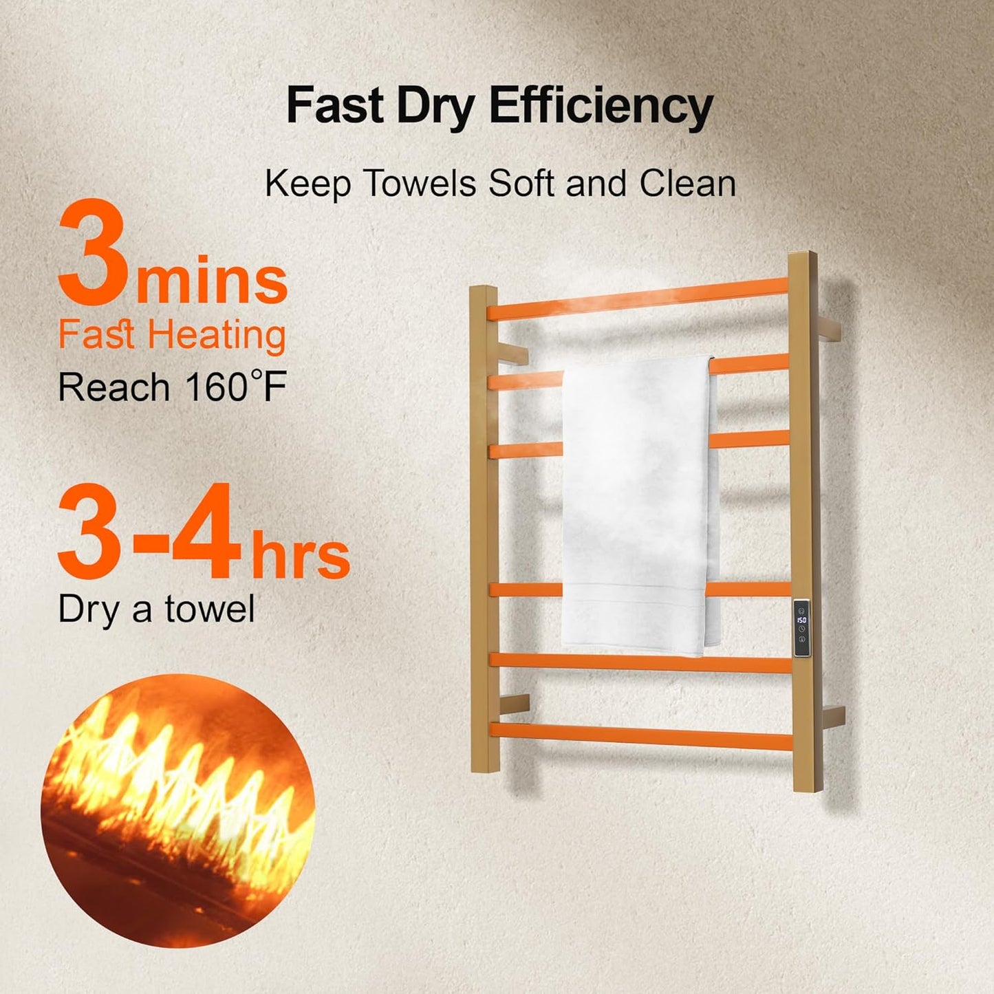 Electric Heated Towel Warmer - Wall Mounted Bathroom Towel Rack, Plug-in Design & Brushed Stainless Steel Finish Square Gold with Timer & Temperature Control 6 Bar