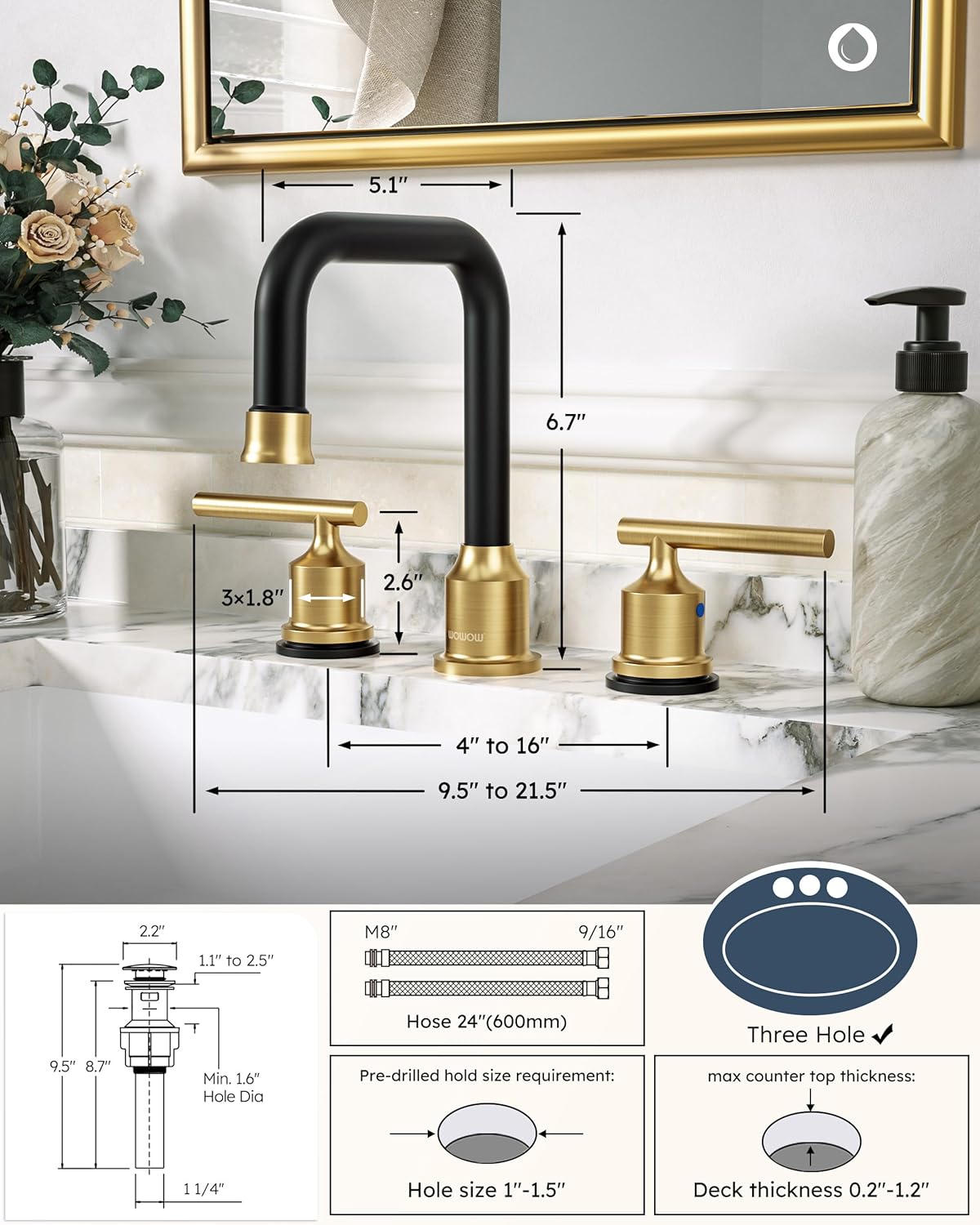 Black and Gold Bathroom Faucet: WOWOW Widespread Bathroom Sink Faucet 3 Hole with Pop-up Drain and Supply Lines, 8 Inch Vanity Faucet 3 Pieces Basin