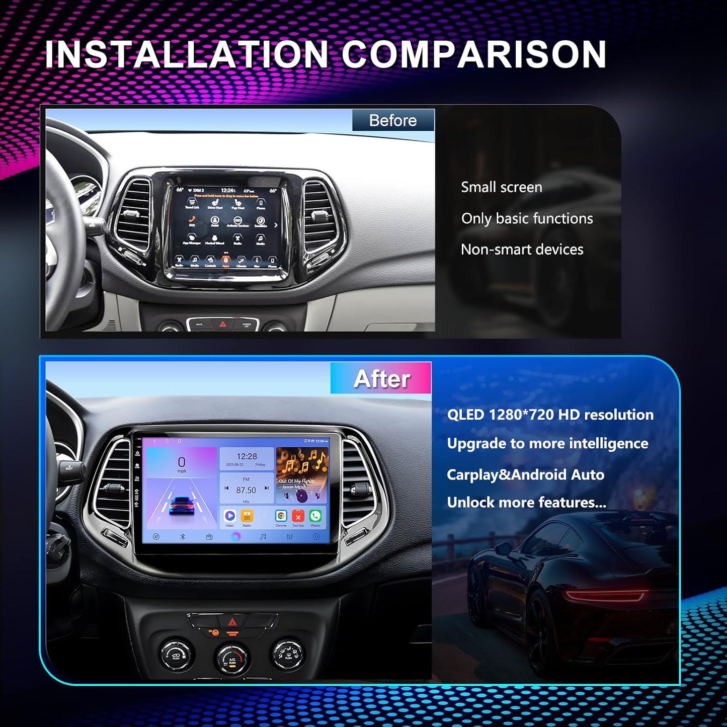 Car Radio Stereo for Jeep Compass 2017-2020,10" Android 13 Touchscreen Head Unit,Wireless CarPlay & Android Auto,GPS Navigation,HD Backup Camera,Mirror Link,WiFi 6,Bluetooth 5.4,FM,SWC 2Ram 64Rom