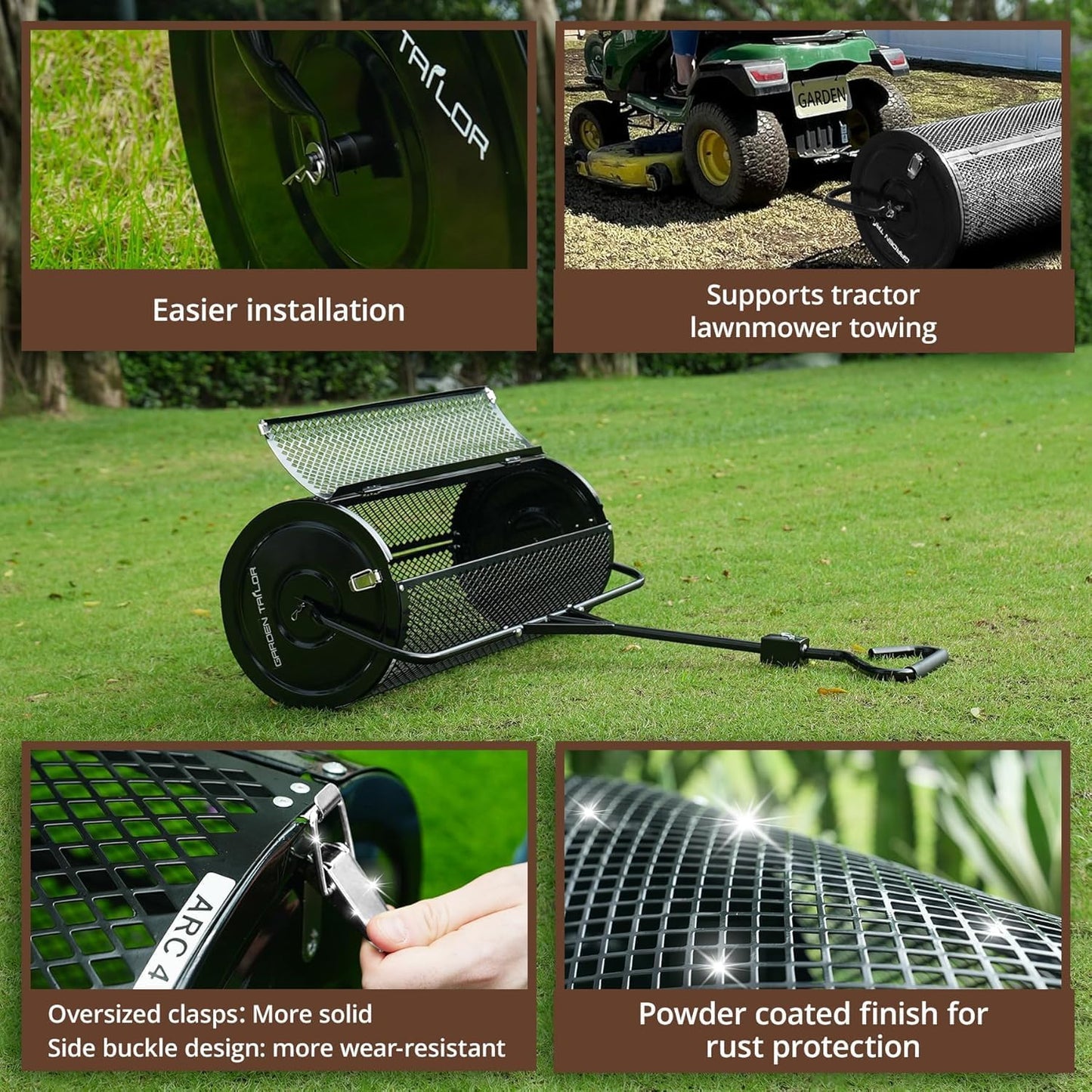 Garden Tailor Compost Spreader 44 Inch Towable Peat Moss Spreader with Installation Accessories, Metal Mesh Roller Lawn Spreader for Top Soil,