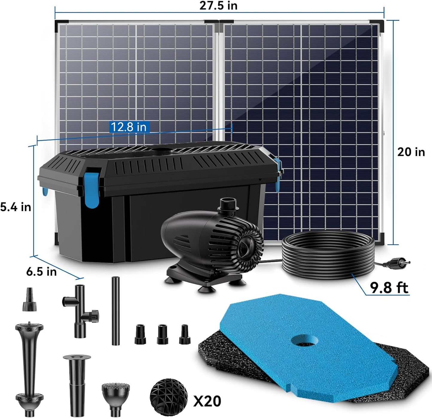 Solar Fountain Pump with Pond Filter Kit, 55W Folding Panel Solar Pond Pump with Pond Filter Box, Pond Filter Box for