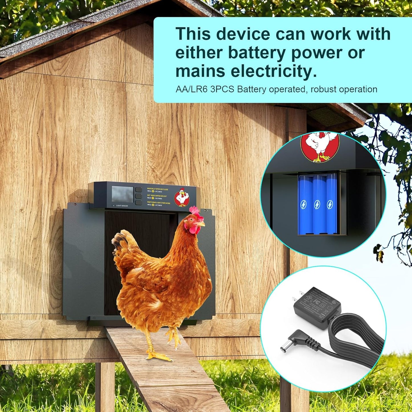 CKAIJHIEG Chicken Coop Door, Automatic Chicken Coop Door Opener, Large LCD Display with Timer & Light Sensor, Anti-Pinch Protection