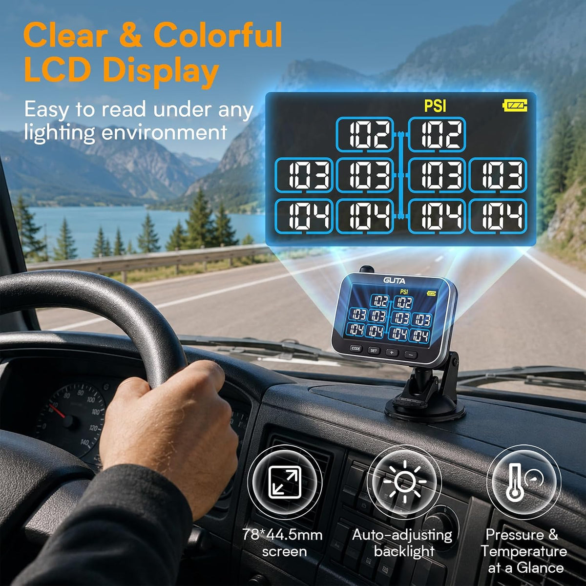 GUTA RV Tire Pressure Monitoring System, 4 Flow-Thru Sensors TPMS, GT30