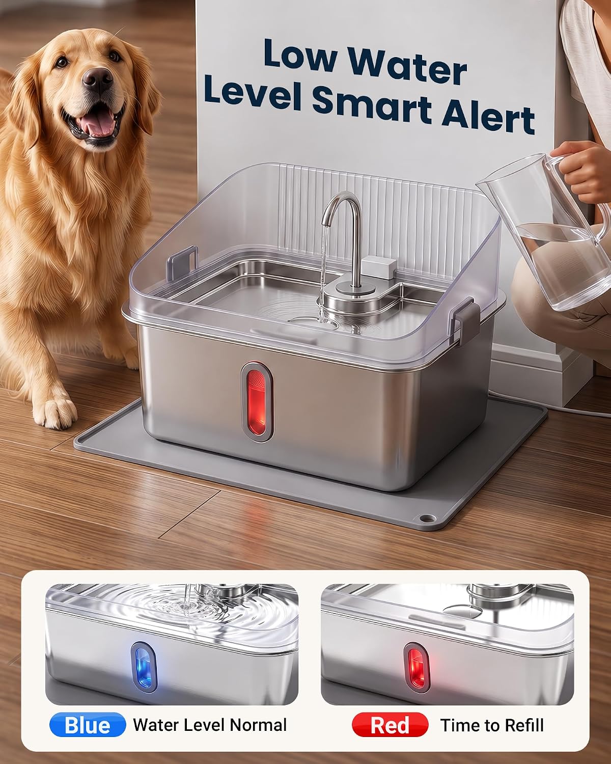4.76 Gal Dog Water Fountain for Large Dogs, Stainless Steel Pet Water Dispenser with Splash Guard, Large Capacity Dog Bowl with Visible Window, Quiet Pump, 3 Filters and Silicone Mat, Metallic Silver