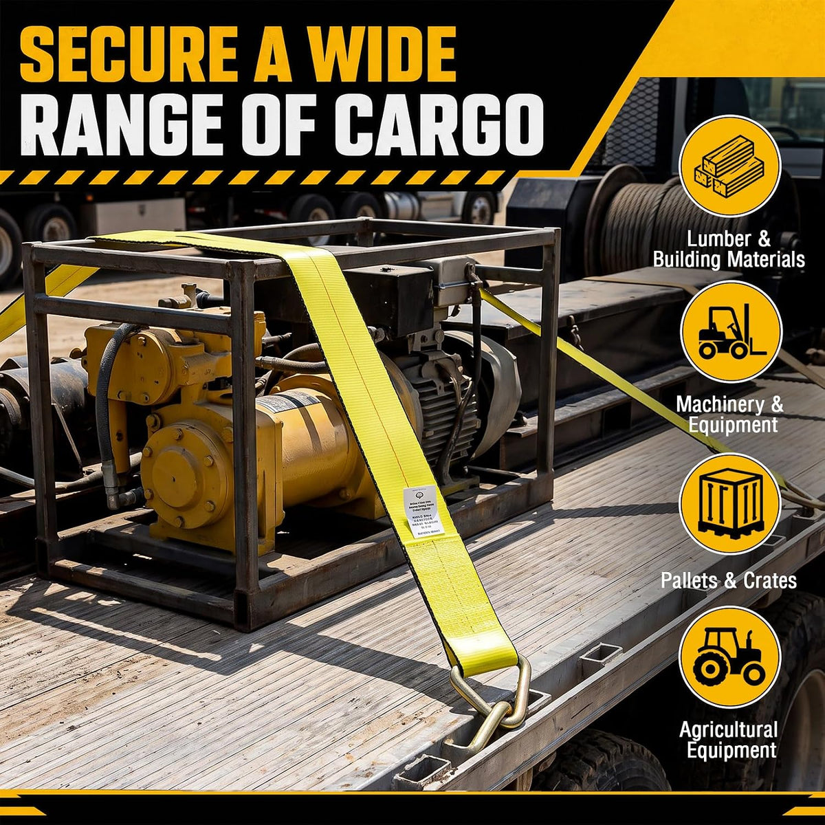 Woanger 4 Pack Cargo Control 4" x 30' Winch Straps with D-Rings Heavy Duty 5400 Lbs Working Load Limit Yellow 4 Inch Straps for Flatbed Trailers Trucks Securement