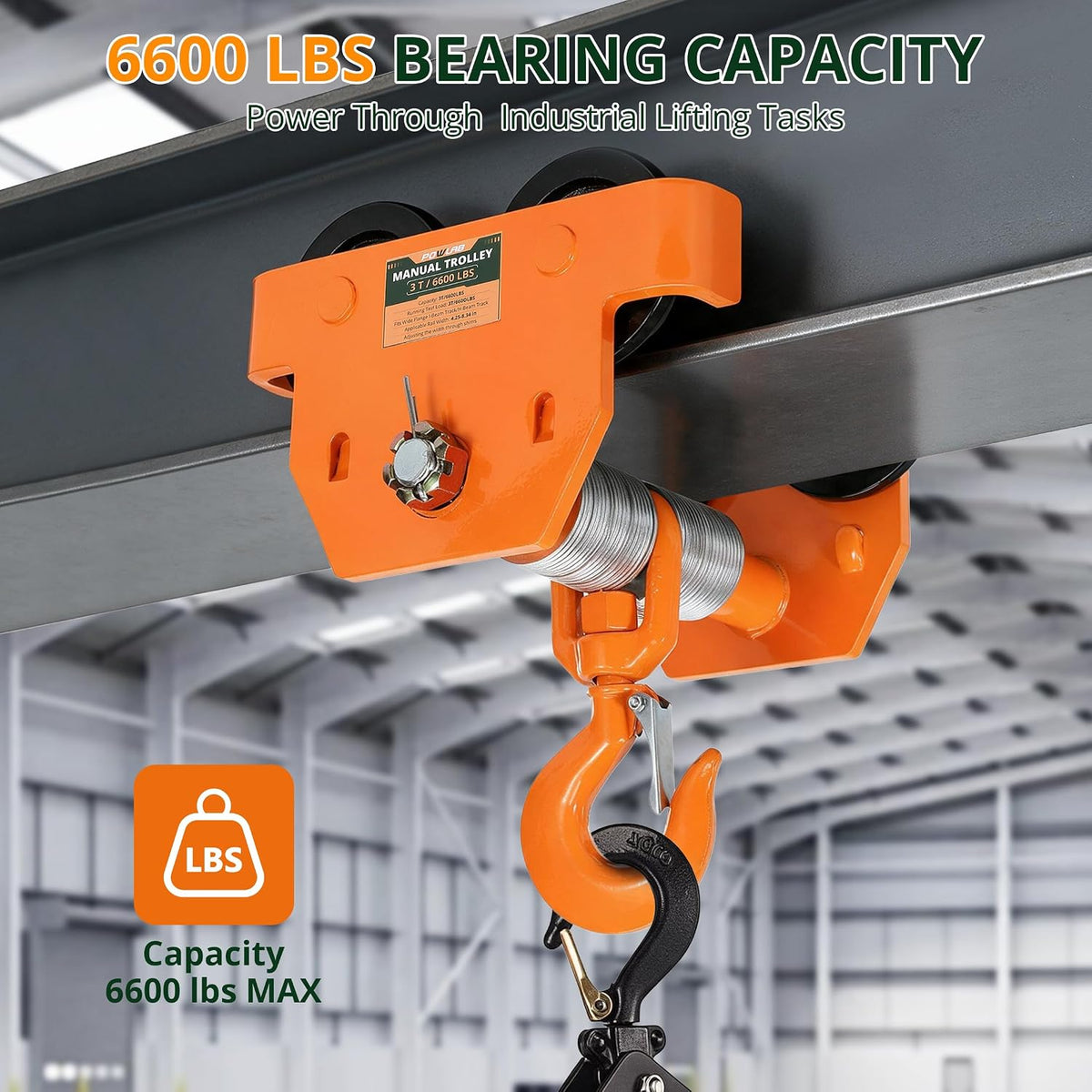 Push Beam Trolley 3 Ton I-Beam with Hoist Hook, Adjustable