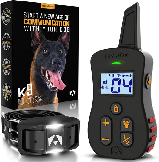 INVIROX Dog Shock Collar [Ultra K9] 124 Training Levels, 4 Powerful Modes with Night-Light and  Mile Range 100% Safe Dog Training Collar for Large