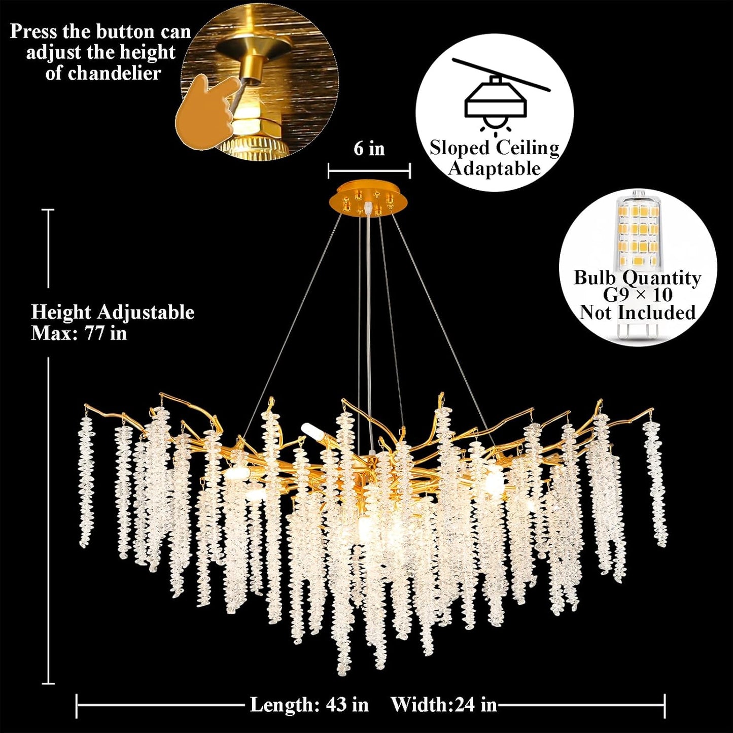 XYDikssn Adjustable Tree Branch Chandelier L43 Inch, Modern Luxury Gold Rectangular Crystal Chandeliers Long Tassel Hanging Light Fixture for Kitchen