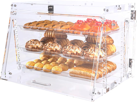 Commercial Countertop Bakery Display Case- 3 Tray Adjustable Pastry Display Case with Bread Tong - Clear Bread Box for Baking Enthusiasts for