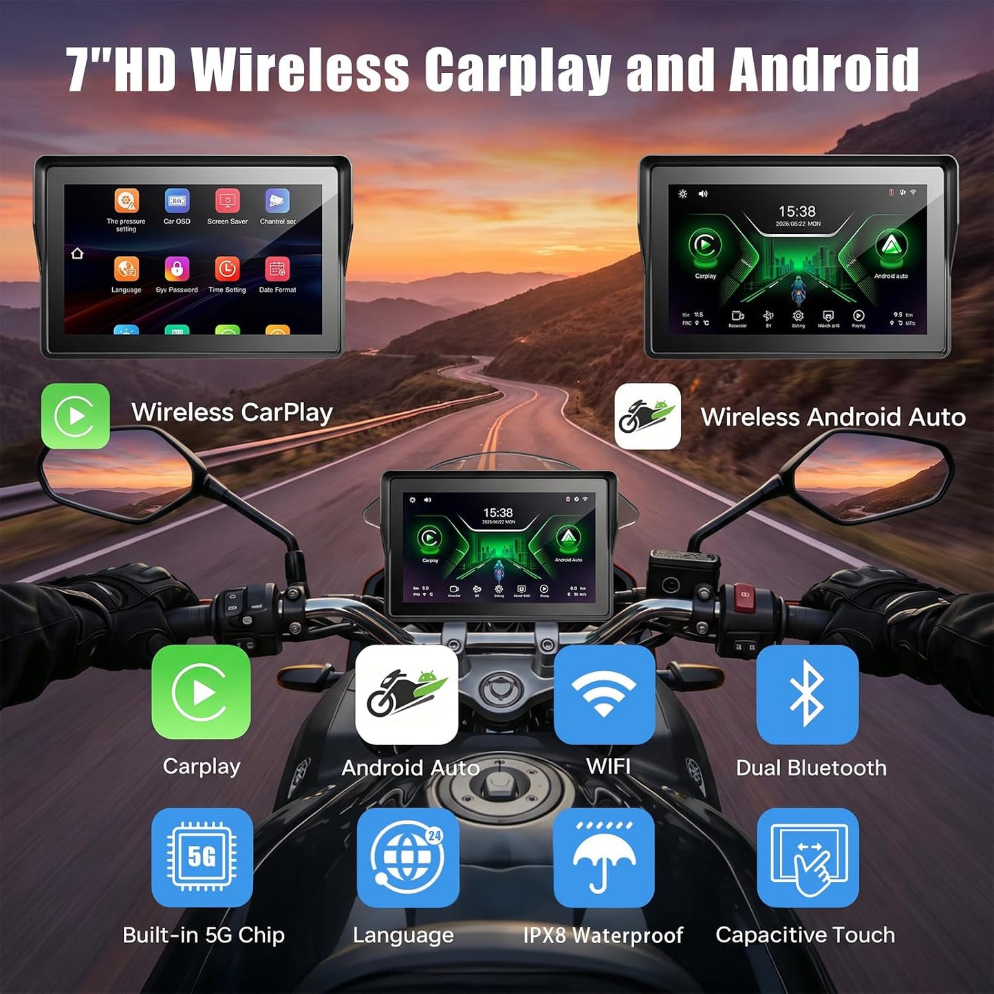 7-Inch Motorcycle CarPlay with TPMS, Apple CarPlay & Android Auto, Portable Display, Dual Bluetooth, Motorcycle Mount Included 7in