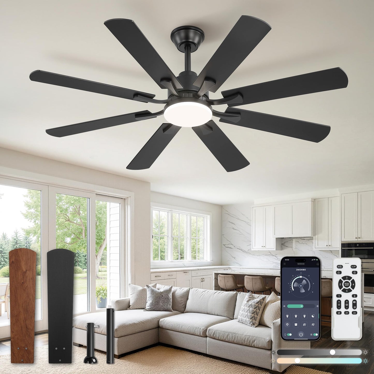 ZMISHIBO 52 inch Ceiling Fan with Light and Remote, 8 Blades Ceiling Fans with 20W LED Light, Quiet DC Motor, 6 Speeds, Stepless Color Temperature Change & Dimmable, for Bedroom Living Room, Black Black 52 Inch