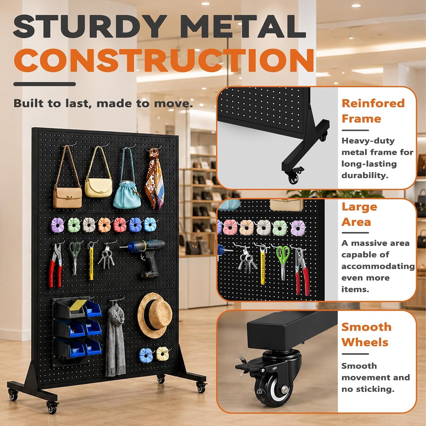 Royxen 43“ x 72”Metal Pegboard with 50 Hooks, Large Peg Board Display Stand with Wheels, Metal Standing Pegboard Display, Art Display Stand for Home&Retail (Black)