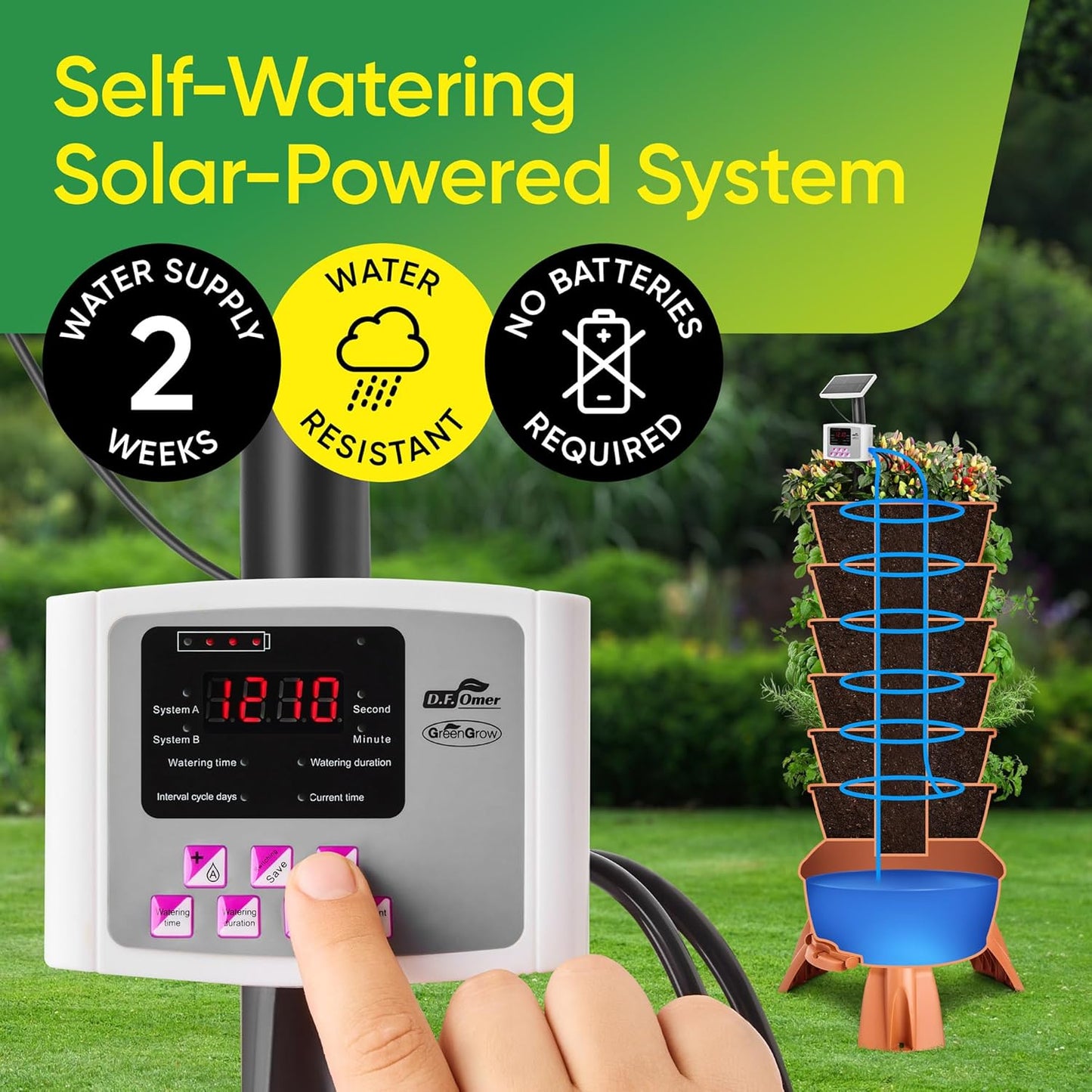 Vertical Garden Tower for Efficient Vertical Gardening  6-Tier  1.6 m x 70 cm  30 L Reservoir Self-Watering Solar-Powered System