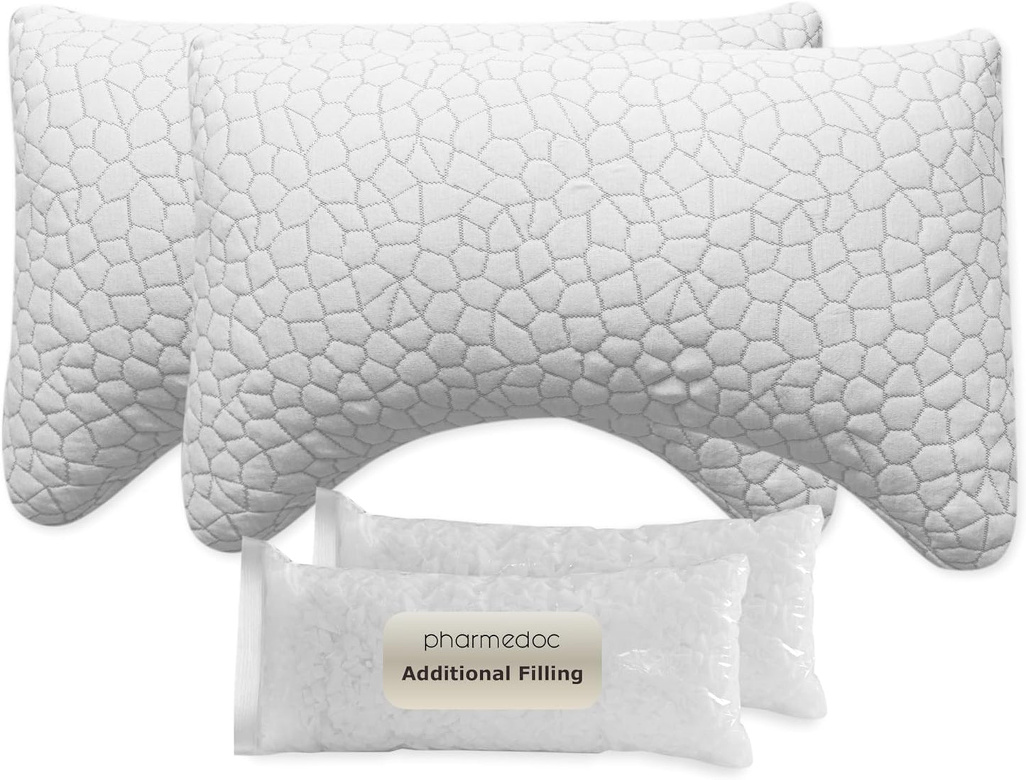 Pharmedoc Memory Foam Pillows - Side Sleeper Pillow - Curved Pillow - Arched - Neck Pillow for Pain Relief - Queen Bed Pillow 2 Pack - Adjustable