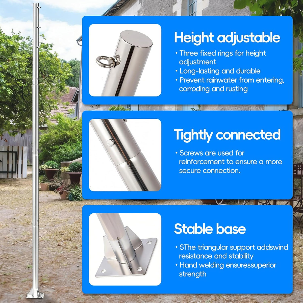 Shade Sail Poles, Heavy-Duty Stainless Steel Sun Shade Poles, 12 Ft Premium Height-Adjustable Poles with Base Plate, Durable Canopy Support Poles, Multifunctional Installation for Ground Soil Backyard