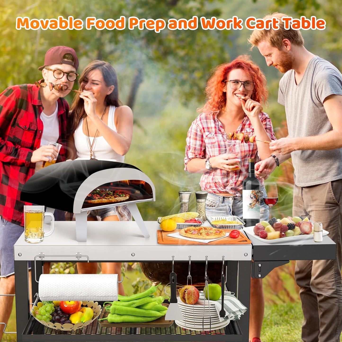 Three-Shelf Movable Cart with Food Prep Worktable, Drawer & Side Table