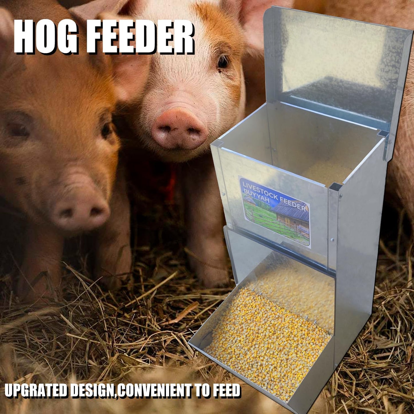 BUYYAH Hog Feeder, 2.15 Bushels Capacity, Durable Galvanized Steel Hog Feeder, Moisture Proof Piglet Creep Feeder with Protective Rubber Sides, 2 Top