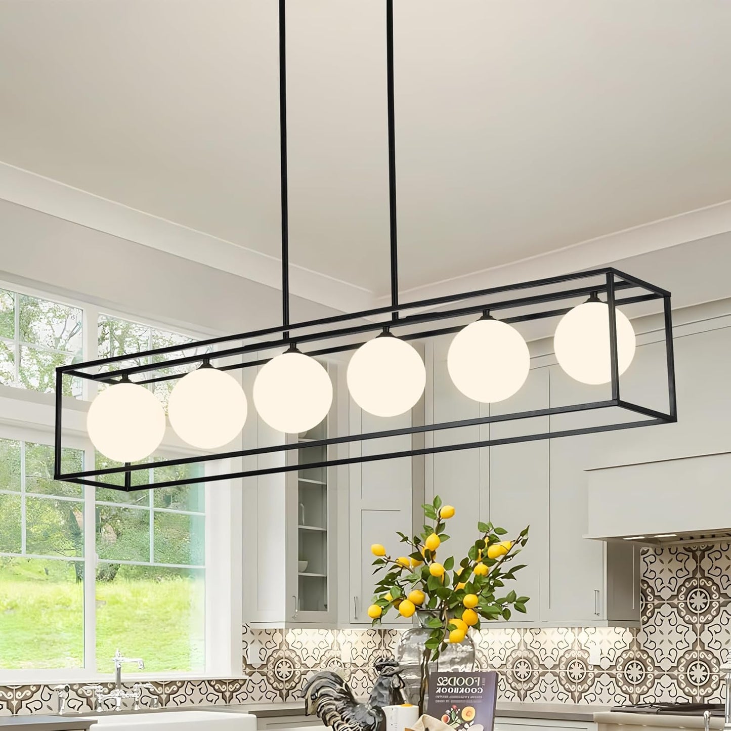 Chandelier for Dining Room, Farmhouse Chandelier Rectangular Dining Room Light Fixture Milk White Glass Globe Chandelier Modern Kitchen Island