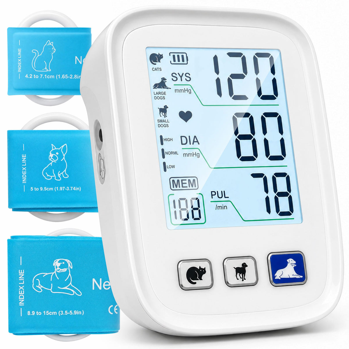 Dog & Cat Blood Pressure Monitor, Automatic Digital Pet BP Machine with Large LCD Backlight Display, 3 Size Adjustable Cuffs, 3×199 Data Memory